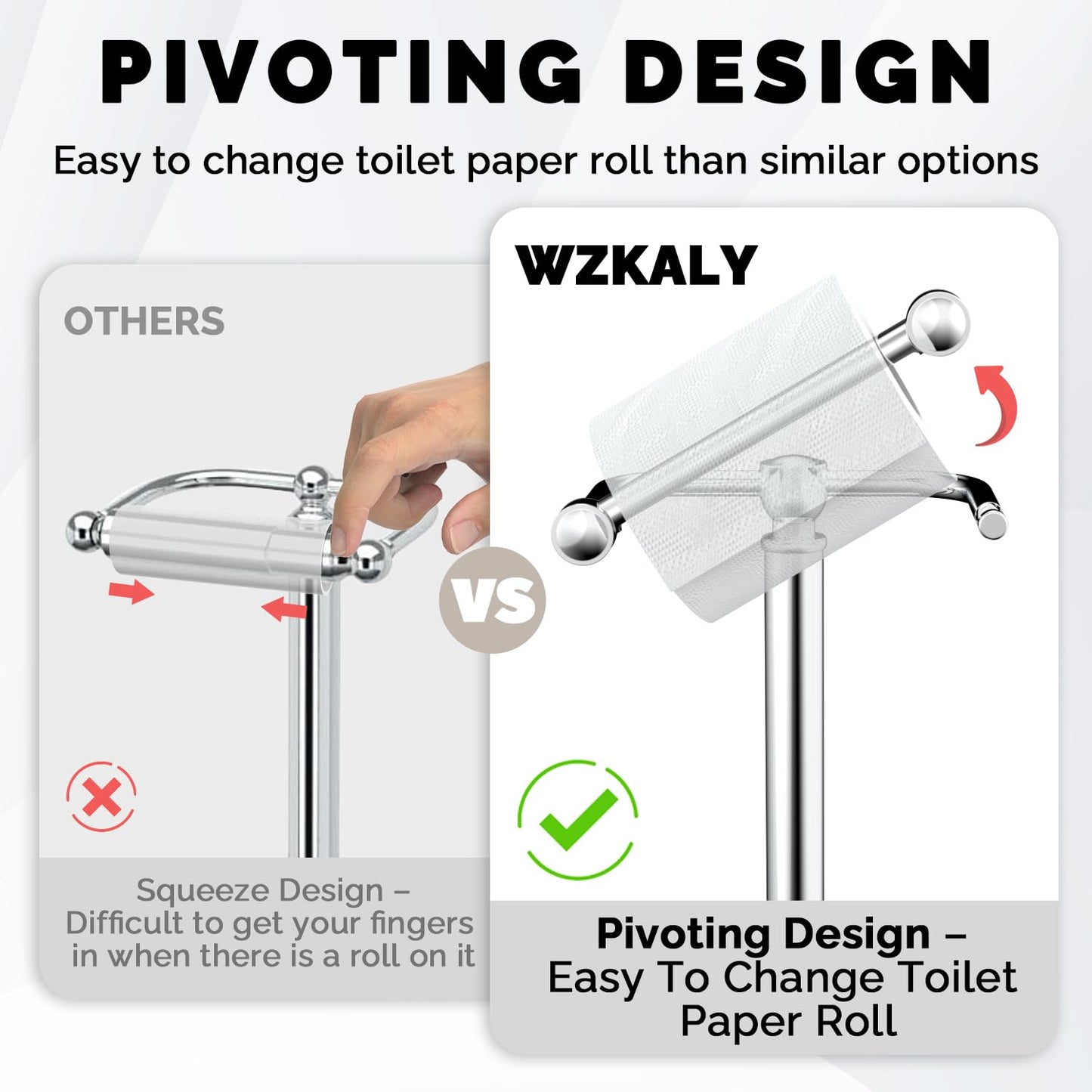 Toilet Paper Holder Stand, Brushed Nickel Toilet Paper Holder Free Standing, Post Pivoting Design & Stable Weighted Base SUS304 Stainless Steel for Bathroom(Mega Roll)