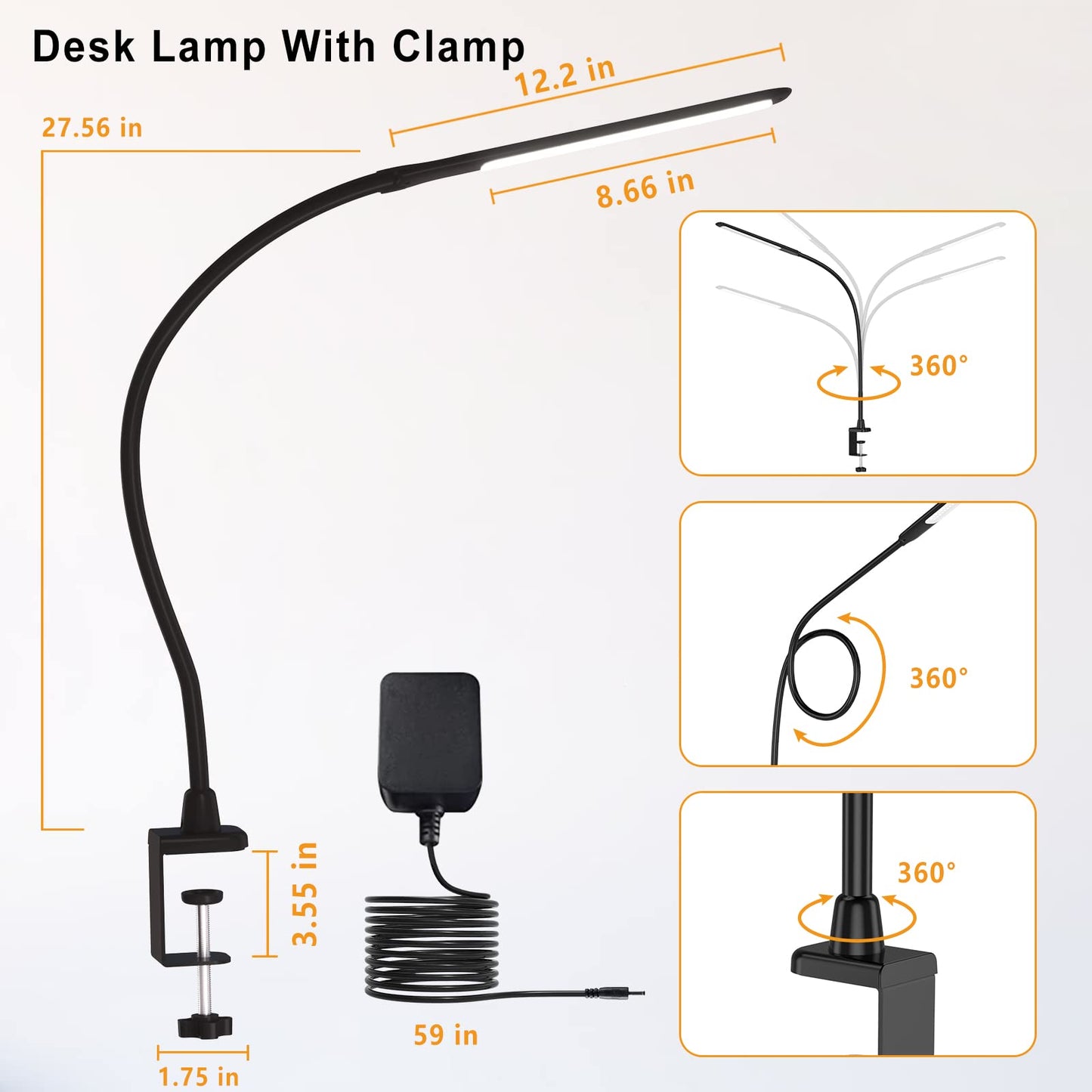Desk Lamps for Home Office, 10W Clamp Lamp Dimmable Gooseneck Lamp Touch Control, Adjustable Desk Light for Workbench Tabletop (Black)