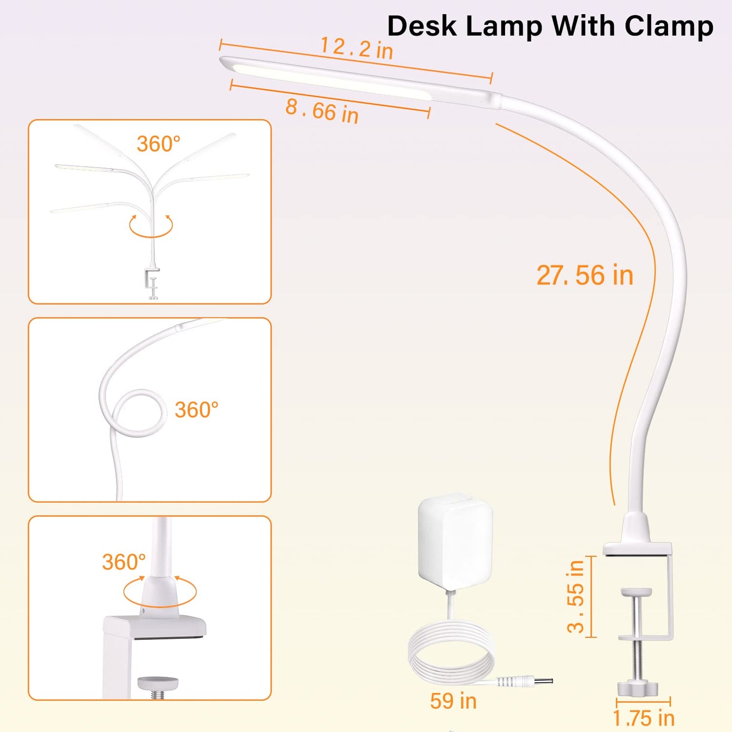 Desk Lamps for Home Office, 10W Clamp Lamp Dimmable Gooseneck Lamp Touch Control, Adjustable Desk Light for Workbench Tabletop (Black)