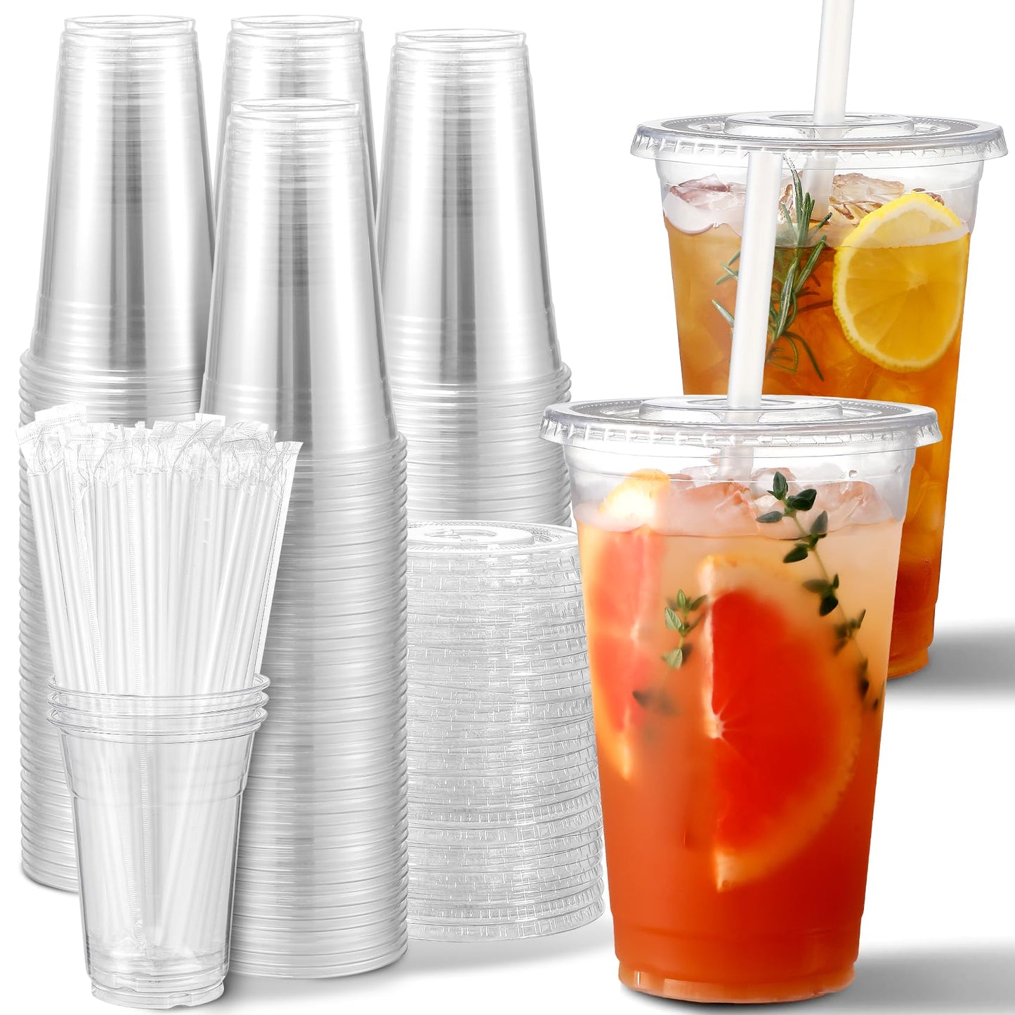 AOZITA 100 Pack, 16 Oz Plastic Cups With Lids and Straws, Iced Coffee Cups With Lids Disposable Clear Cups With Lids - for Iced Coffee, Smoothie, Milkshake and Cold Drinks