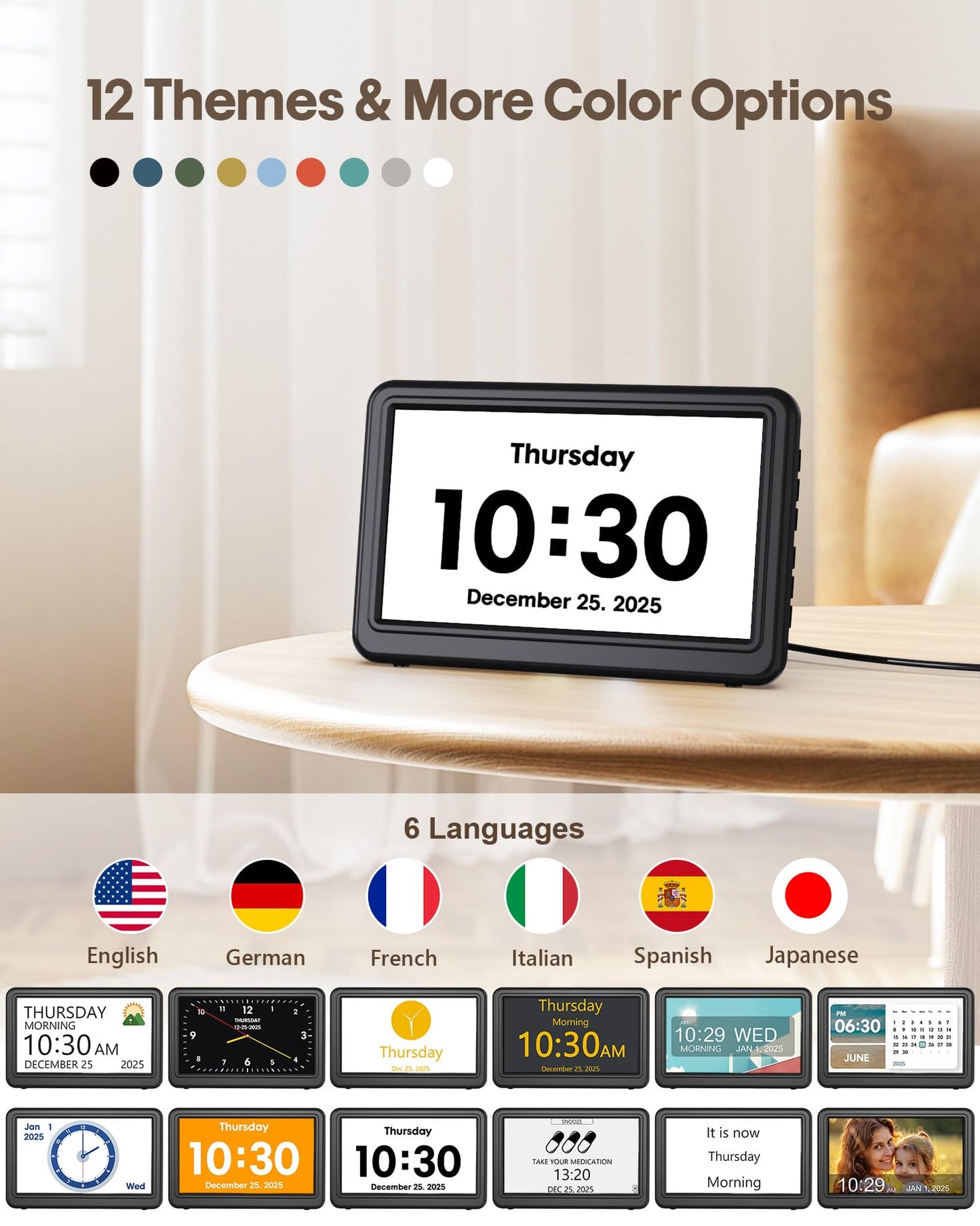 Clock with Day and Date for Elderly, 7" Large Display Digital Calendar Day Clock with 20 Custom Alarms and Medicine Reminders, 12 Display Modes, Dimmable Dementia Alzheimers Clocks for Seniors