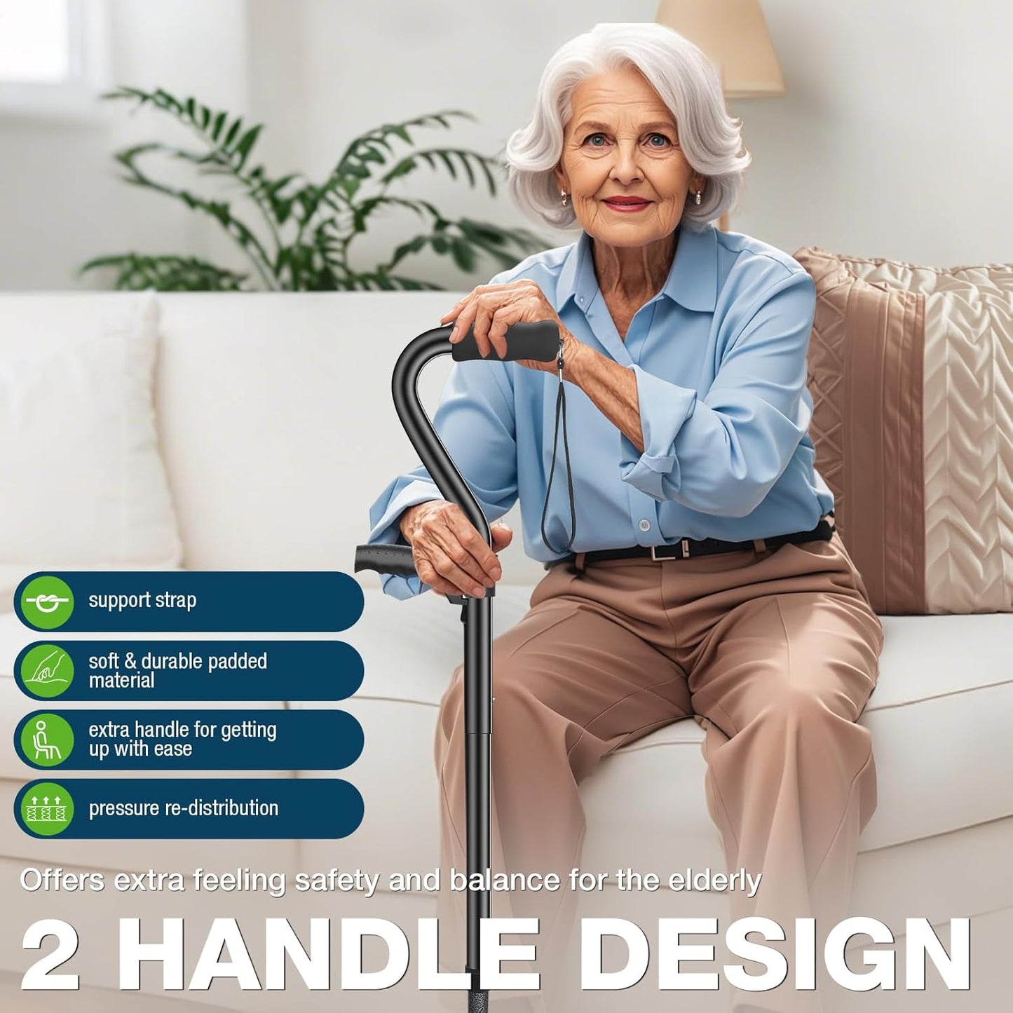 Walking Canes for Women & Men, Adjustable Folding Quad Cane, Heavy Duty Walking Sticks Canes for Seniors Balance,Collapsible, Lightweight Self Standing Cane with 2nd Handle and 4-Pronged Base