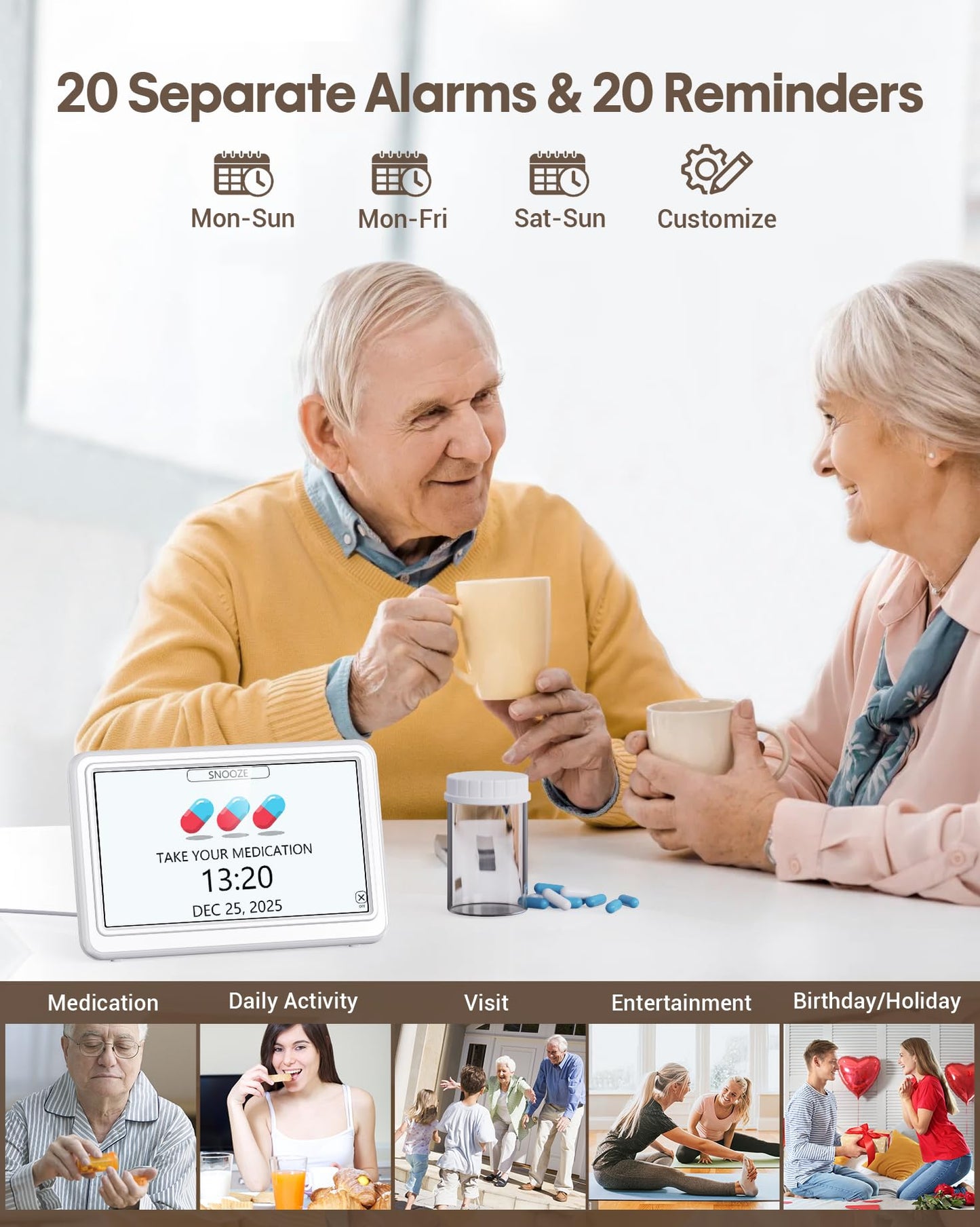 Clock with Day and Date for Elderly, 7" Large Display Digital Calendar Day Clock with 20 Custom Alarms and Medicine Reminders, 12 Display Modes, Dimmable Dementia Alzheimers Clocks for Seniors