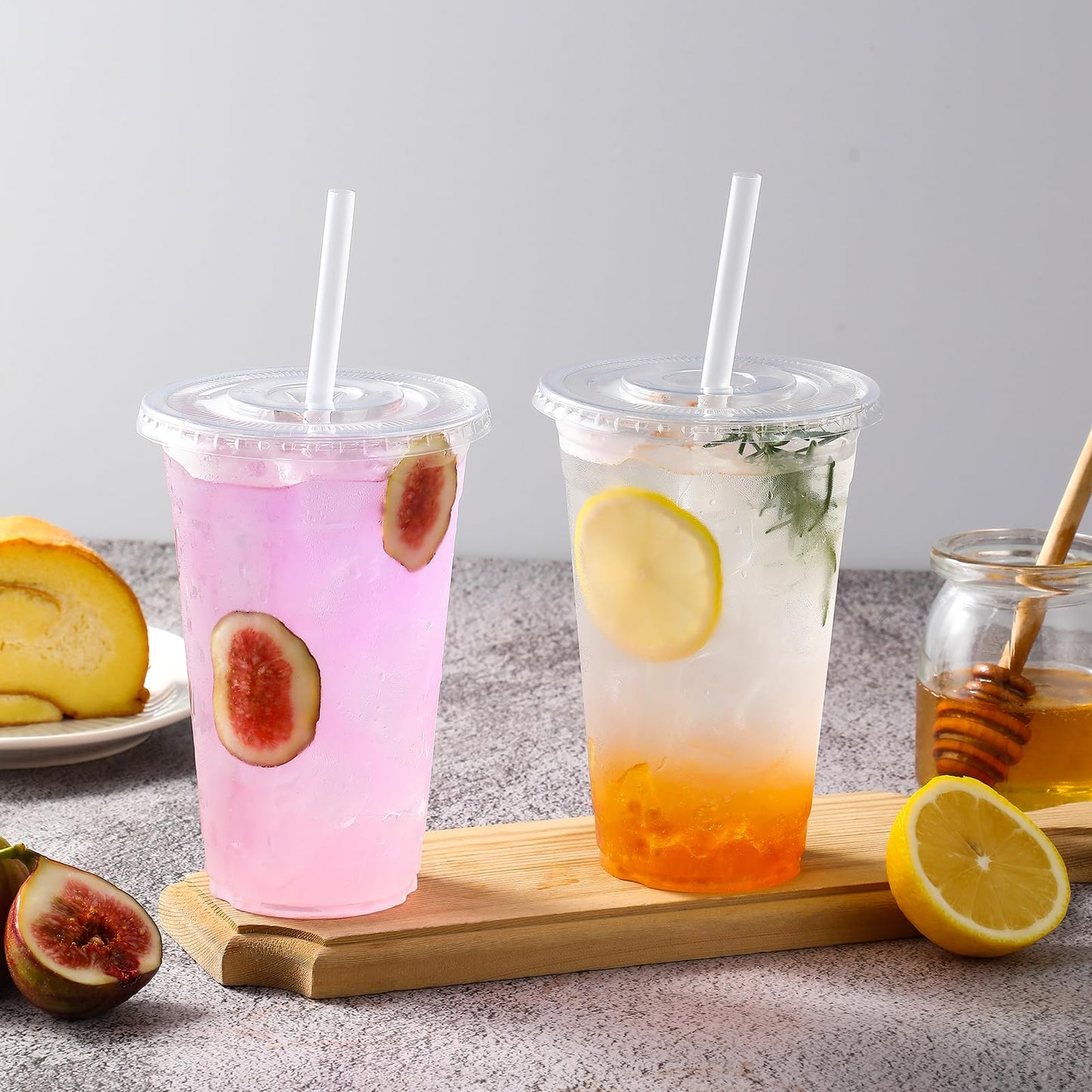 AOZITA 100 Pack, 16 Oz Plastic Cups With Lids and Straws, Iced Coffee Cups With Lids Disposable Clear Cups With Lids - for Iced Coffee, Smoothie, Milkshake and Cold Drinks