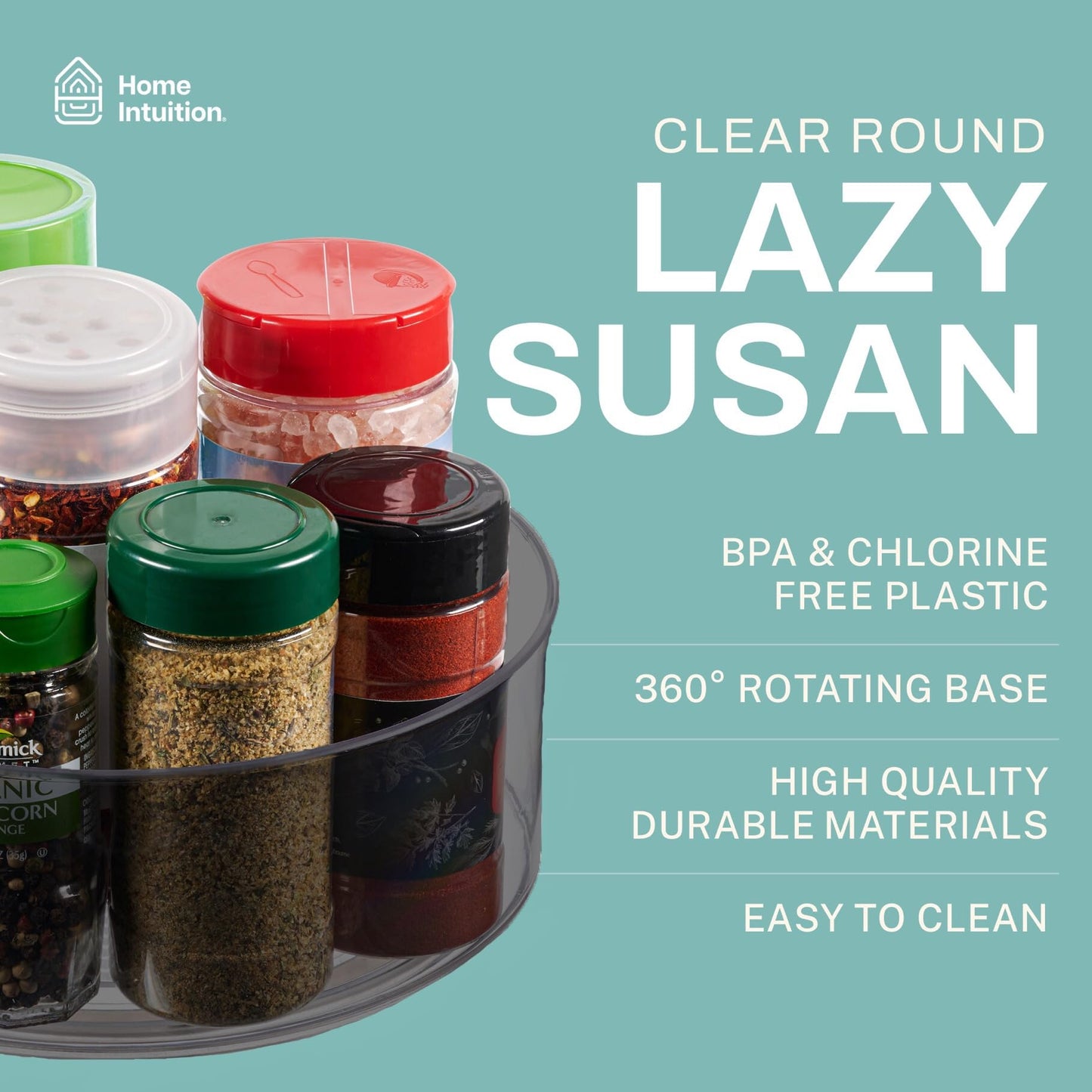 Home Intuition Round Plastic Clear Lazy Susan Turntable Food Storage Container for Kitchen (9" Round, 1 Pack)