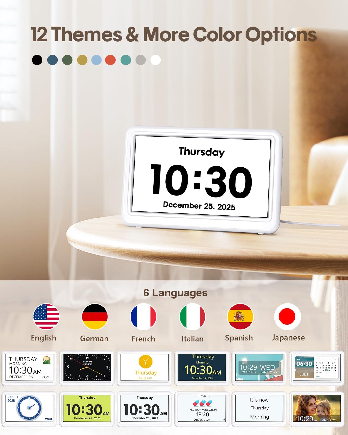 Clock with Day and Date for Elderly, 7" Large Display Digital Calendar Day Clock with 20 Custom Alarms and Medicine Reminders, 12 Display Modes, Dimmable Dementia Alzheimers Clocks for Seniors