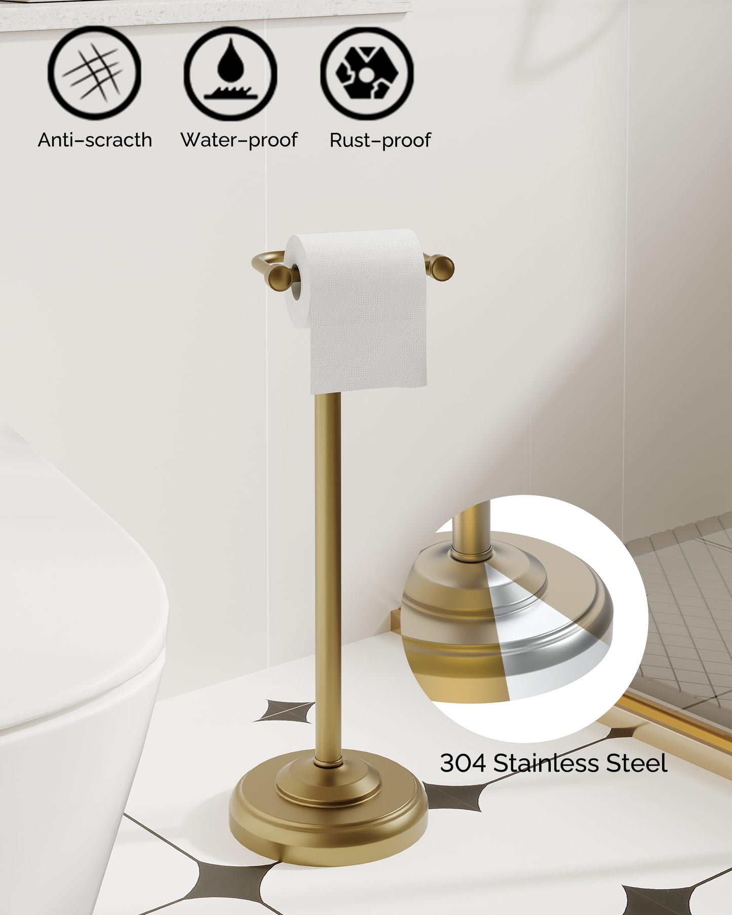 Toilet Paper Holder Stand, Brushed Nickel Toilet Paper Holder Free Standing, Post Pivoting Design & Stable Weighted Base SUS304 Stainless Steel for Bathroom(Mega Roll)