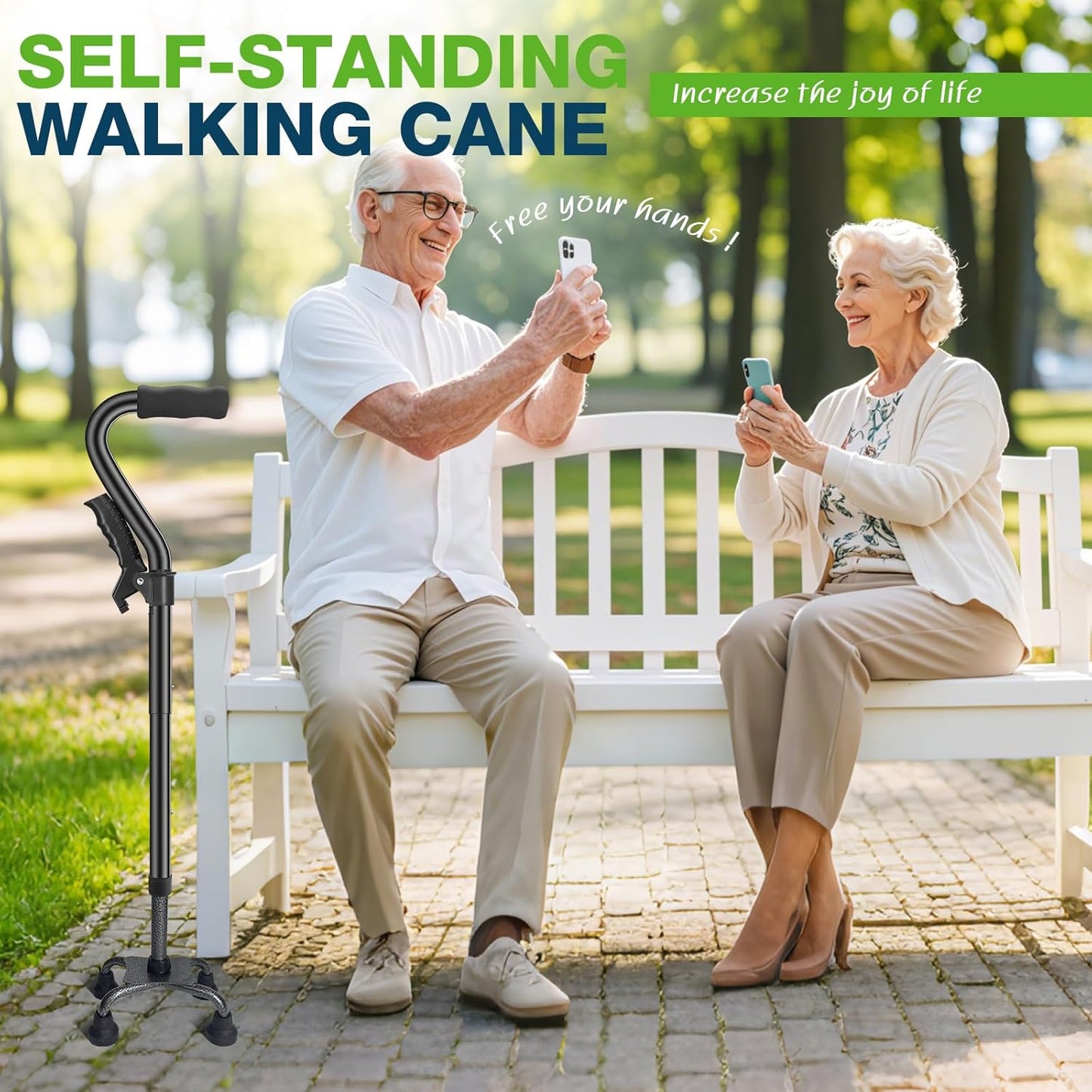 Walking Canes for Women & Men, Adjustable Folding Quad Cane, Heavy Duty Walking Sticks Canes for Seniors Balance,Collapsible, Lightweight Self Standing Cane with 2nd Handle and 4-Pronged Base