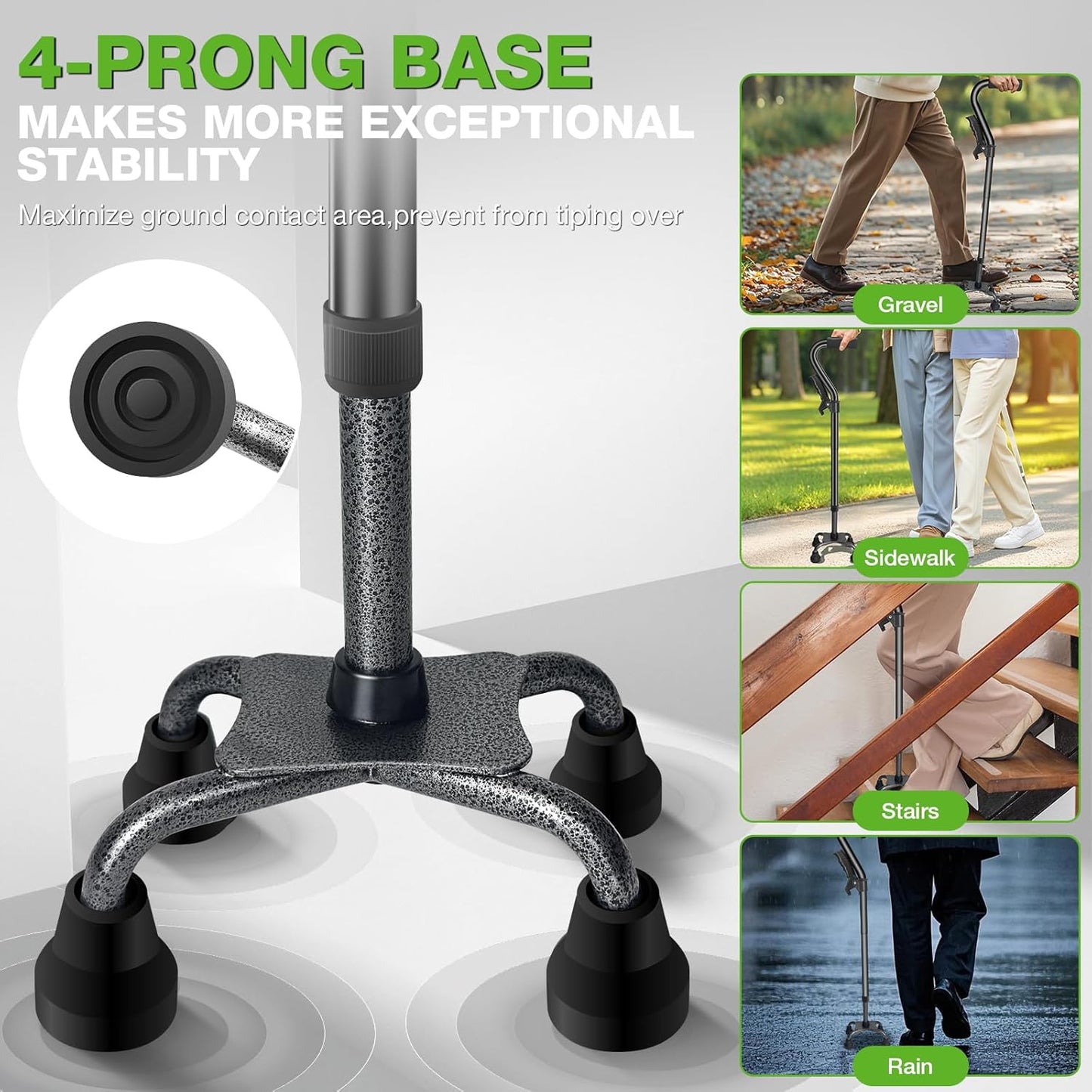Walking Canes for Women & Men, Adjustable Folding Quad Cane, Heavy Duty Walking Sticks Canes for Seniors Balance,Collapsible, Lightweight Self Standing Cane with 2nd Handle and 4-Pronged Base