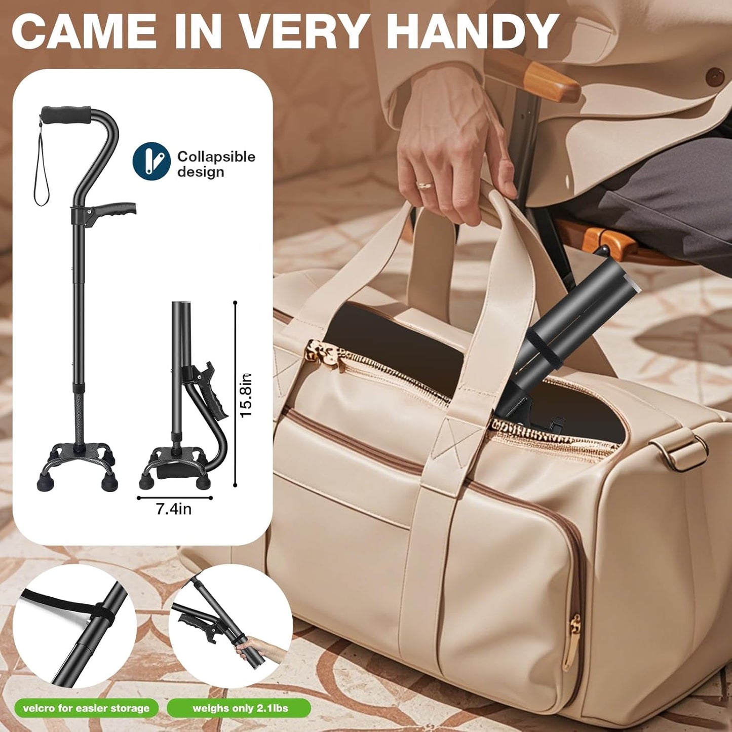 Walking Canes for Women & Men, Adjustable Folding Quad Cane, Heavy Duty Walking Sticks Canes for Seniors Balance,Collapsible, Lightweight Self Standing Cane with 2nd Handle and 4-Pronged Base