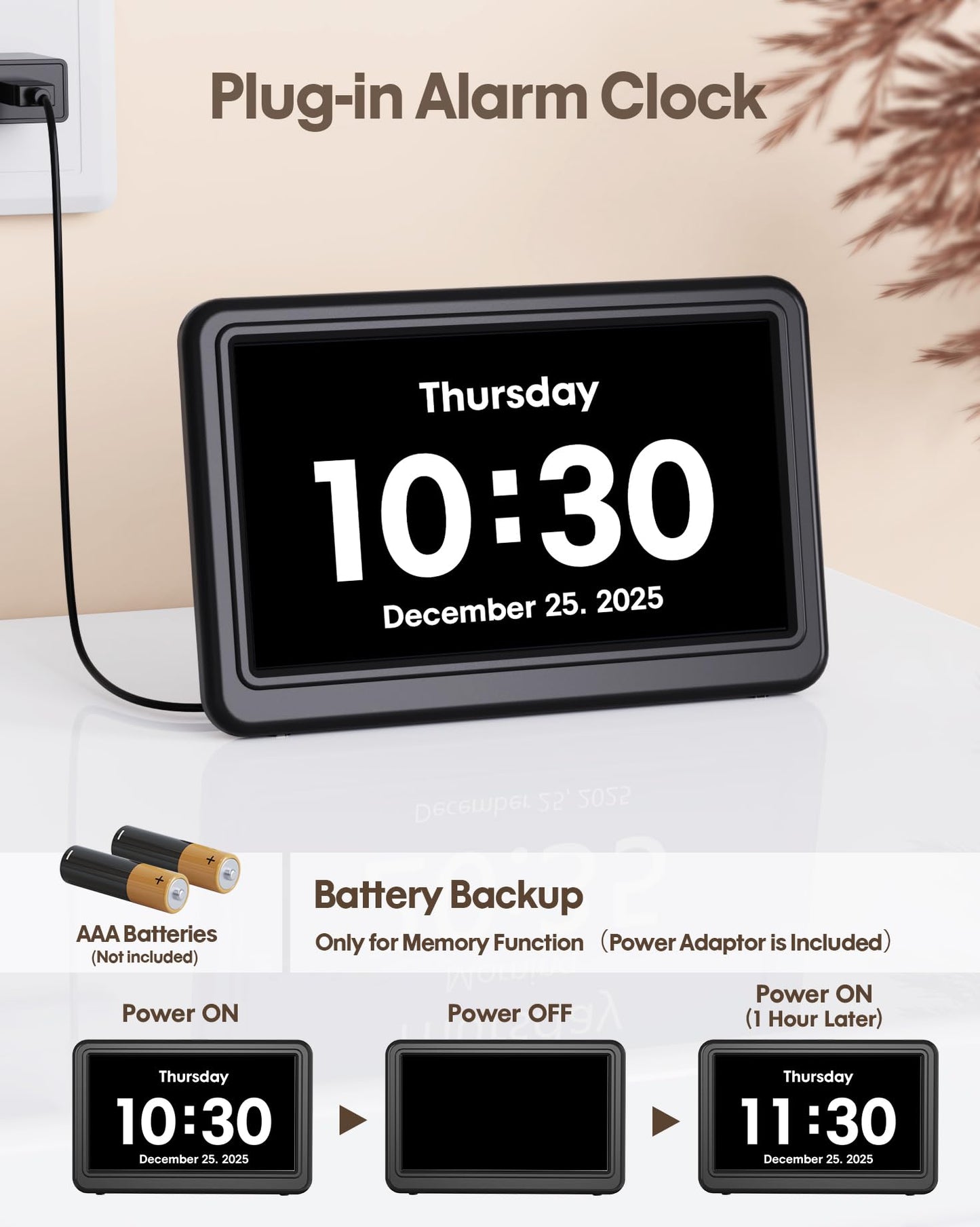 Clock with Day and Date for Elderly, 7" Large Display Digital Calendar Day Clock with 20 Custom Alarms and Medicine Reminders, 12 Display Modes, Dimmable Dementia Alzheimers Clocks for Seniors