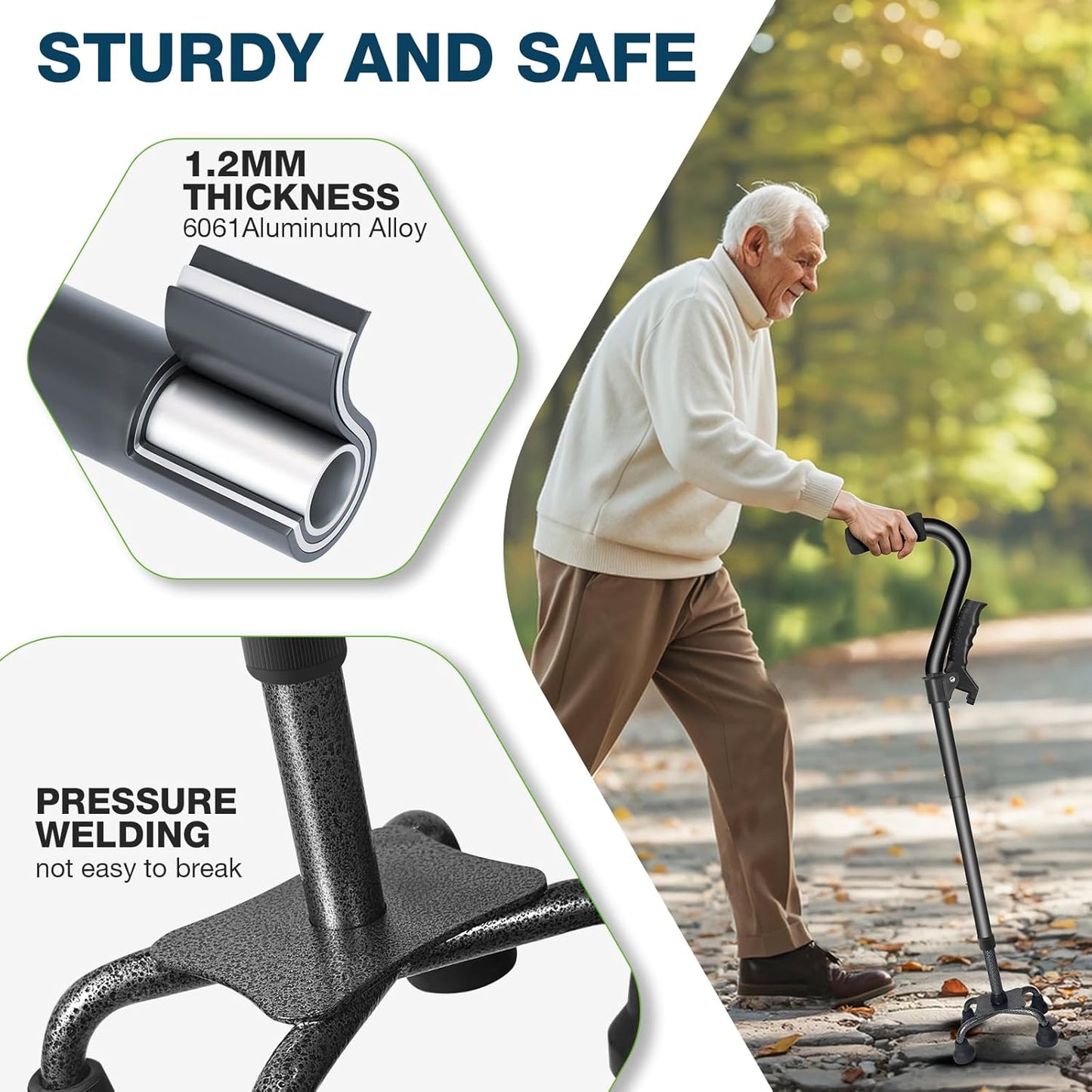 Walking Canes for Women & Men, Adjustable Folding Quad Cane, Heavy Duty Walking Sticks Canes for Seniors Balance,Collapsible, Lightweight Self Standing Cane with 2nd Handle and 4-Pronged Base