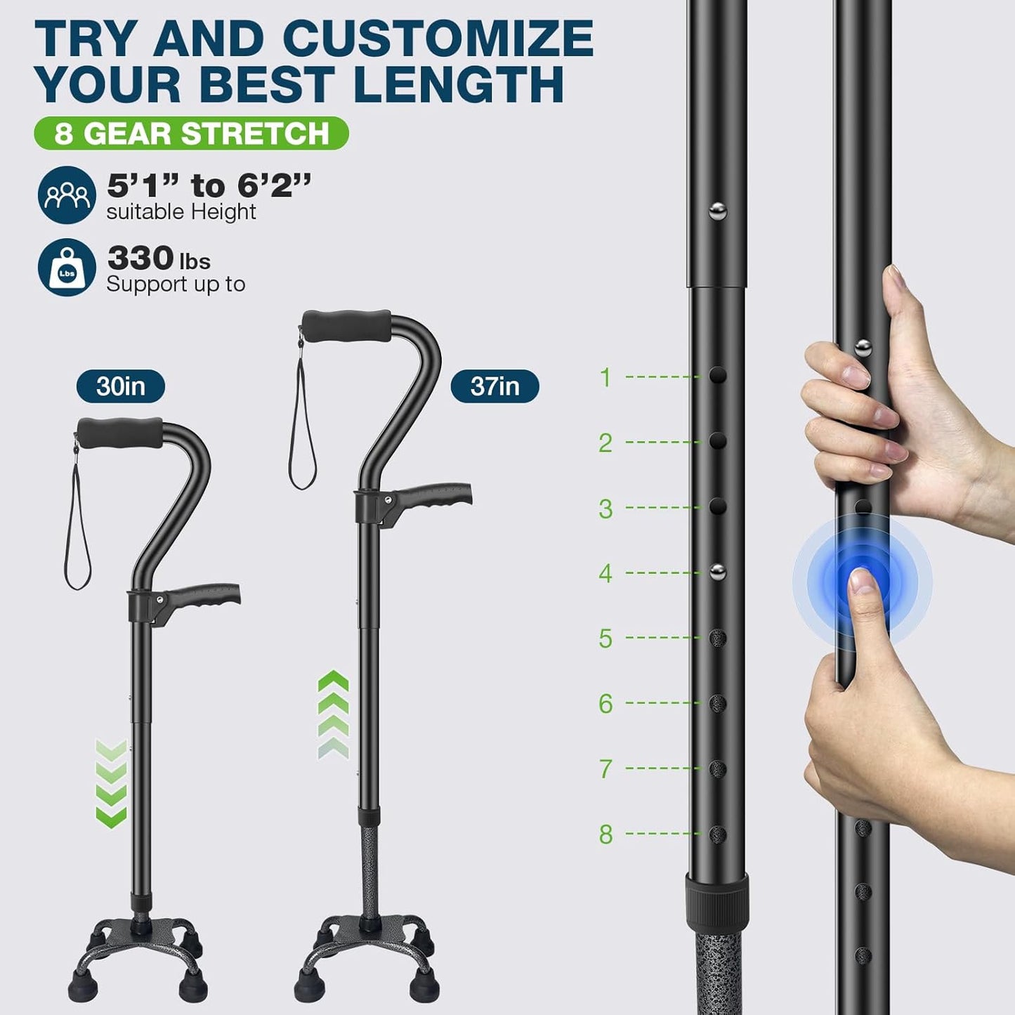 Walking Canes for Women & Men, Adjustable Folding Quad Cane, Heavy Duty Walking Sticks Canes for Seniors Balance,Collapsible, Lightweight Self Standing Cane with 2nd Handle and 4-Pronged Base