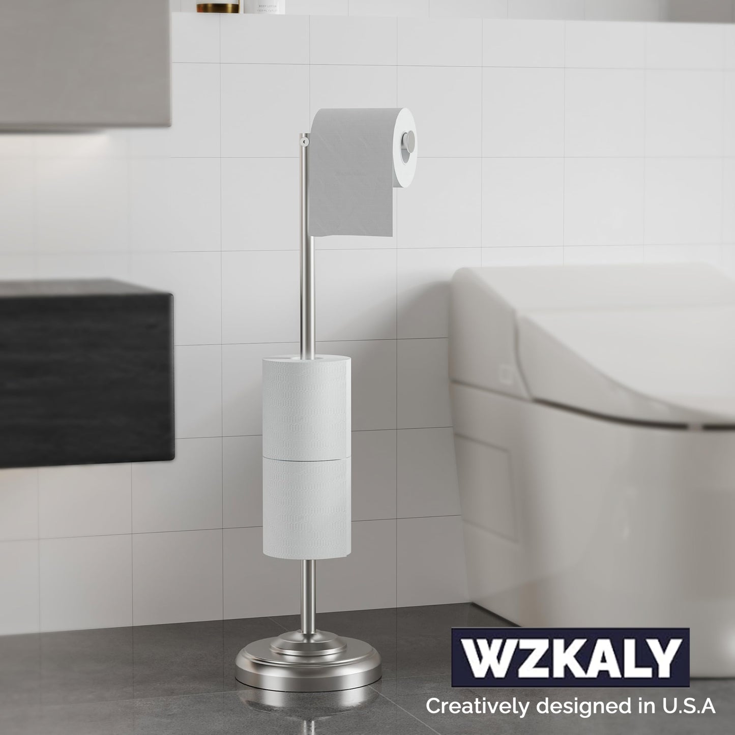 Toilet Paper Holder Stand, Brushed Nickel Toilet Paper Holder Free Standing, Post Pivoting Design & Stable Weighted Base SUS304 Stainless Steel for Bathroom(Mega Roll)