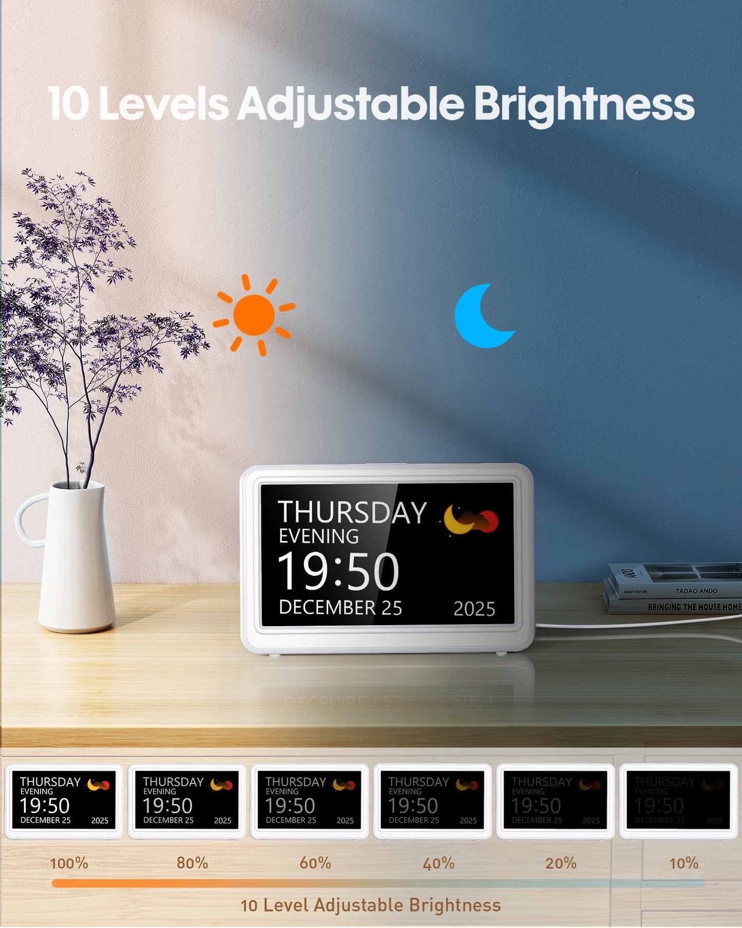 Clock with Day and Date for Elderly, 7" Large Display Digital Calendar Day Clock with 20 Custom Alarms and Medicine Reminders, 12 Display Modes, Dimmable Dementia Alzheimers Clocks for Seniors