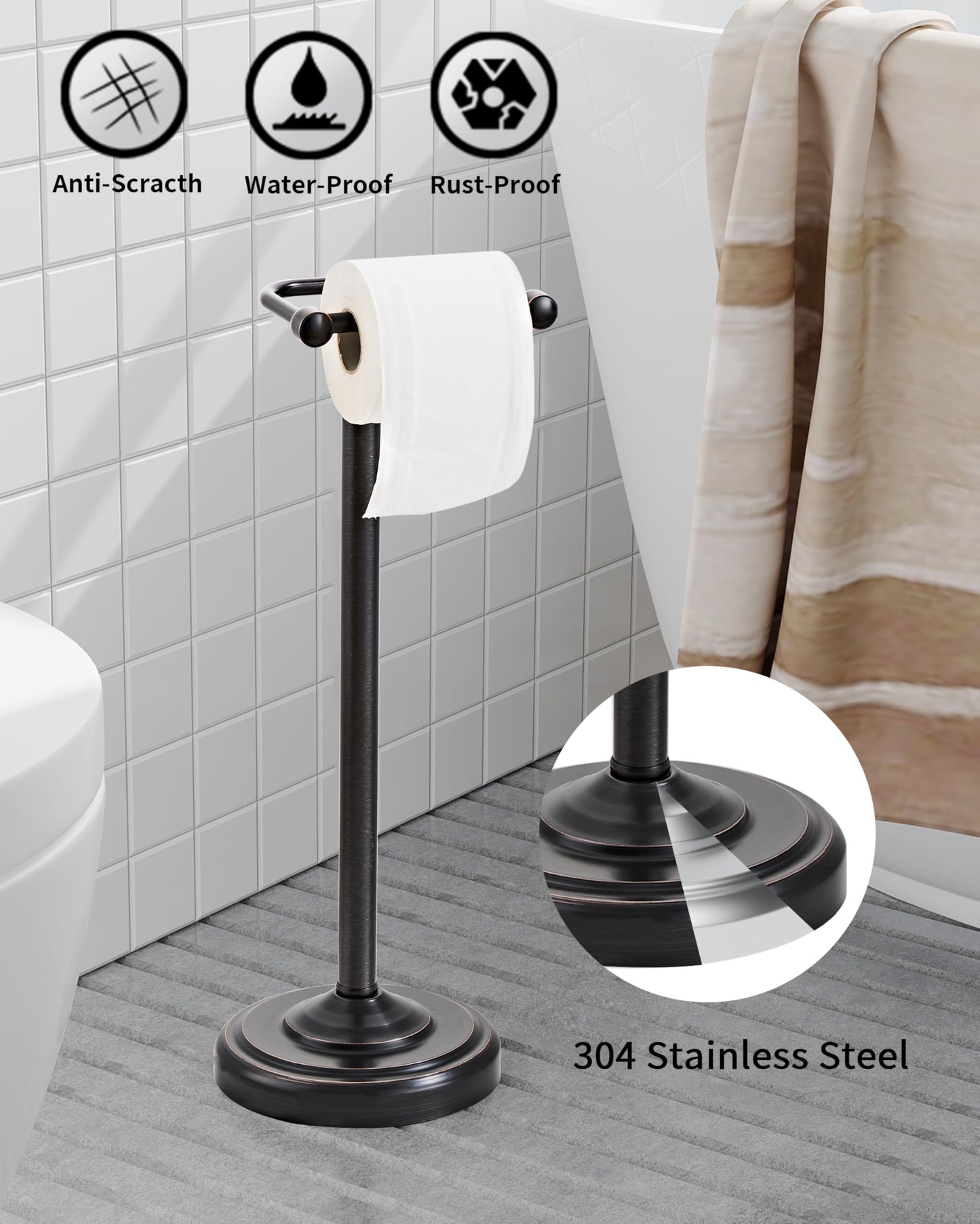 Toilet Paper Holder Stand, Brushed Nickel Toilet Paper Holder Free Standing, Post Pivoting Design & Stable Weighted Base SUS304 Stainless Steel for Bathroom(Mega Roll)