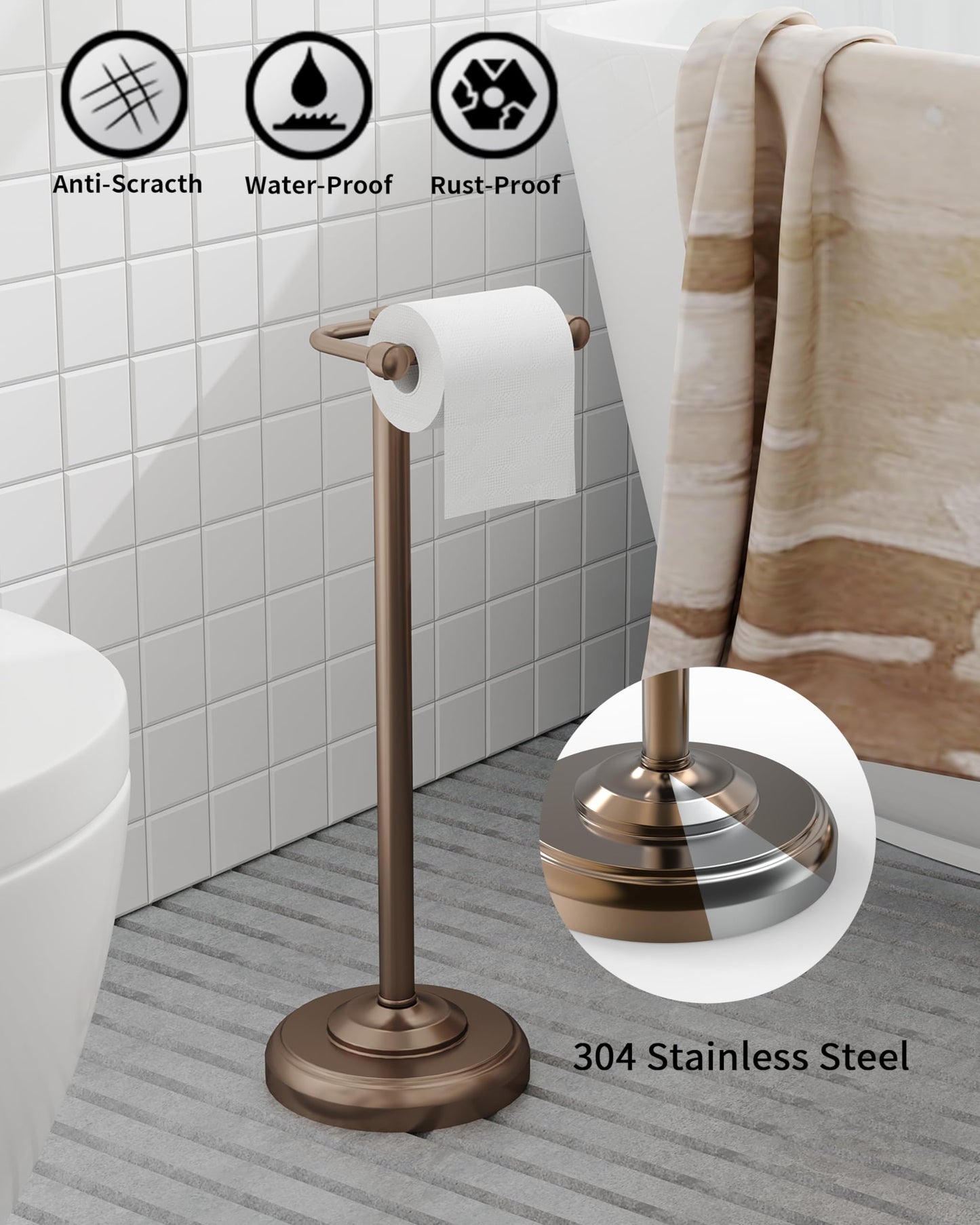 Toilet Paper Holder Stand, Brushed Nickel Toilet Paper Holder Free Standing, Post Pivoting Design & Stable Weighted Base SUS304 Stainless Steel for Bathroom(Mega Roll)