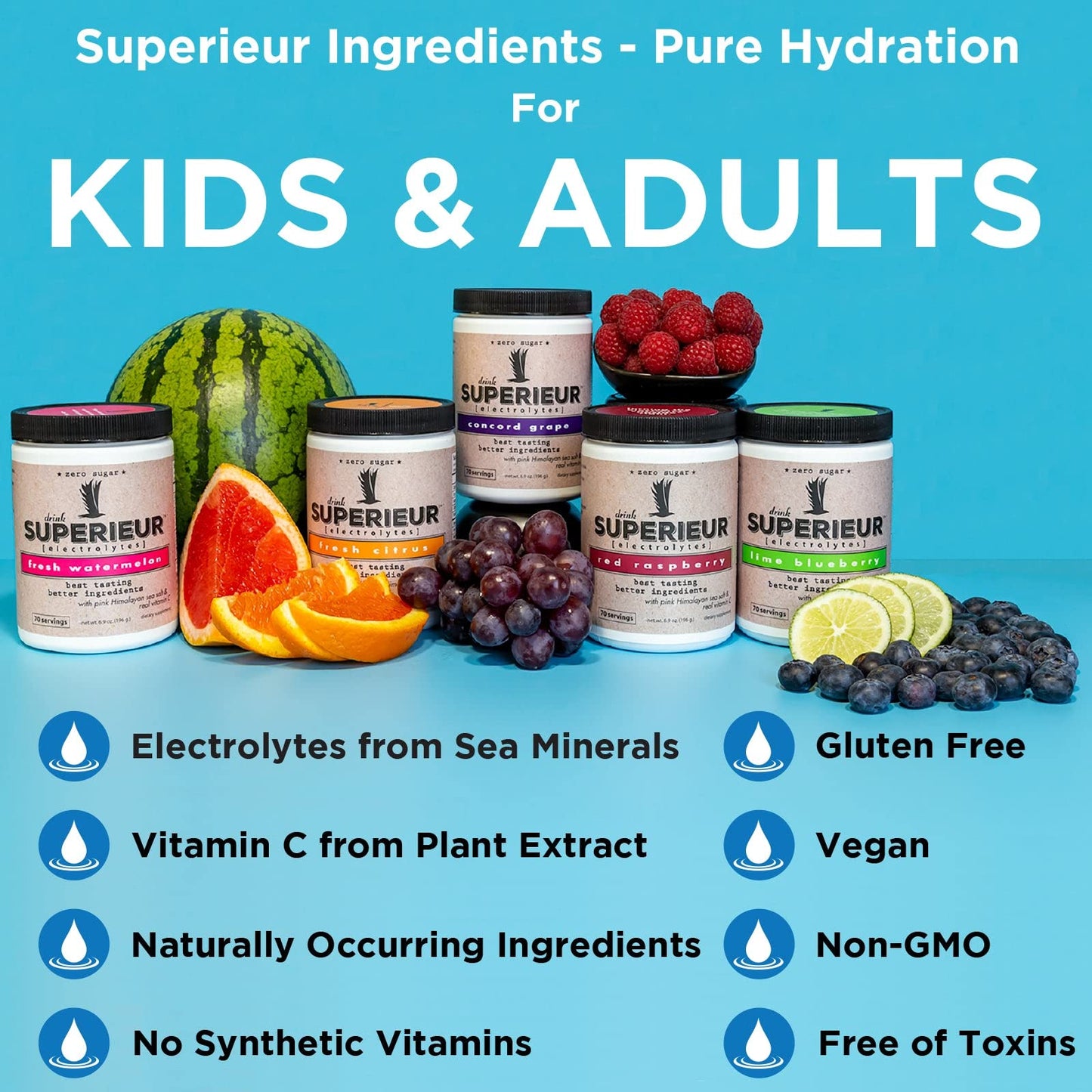 Superieur Electrolytes–Plant Based Electrolyte Supplement w/Sea Minerals for Hydration & Recovery–Keto Friendly, Non-GMO, Zero Sugar, Vegan Healthy Sports Drink Powder–Strawberry Lemon(70 Serv)