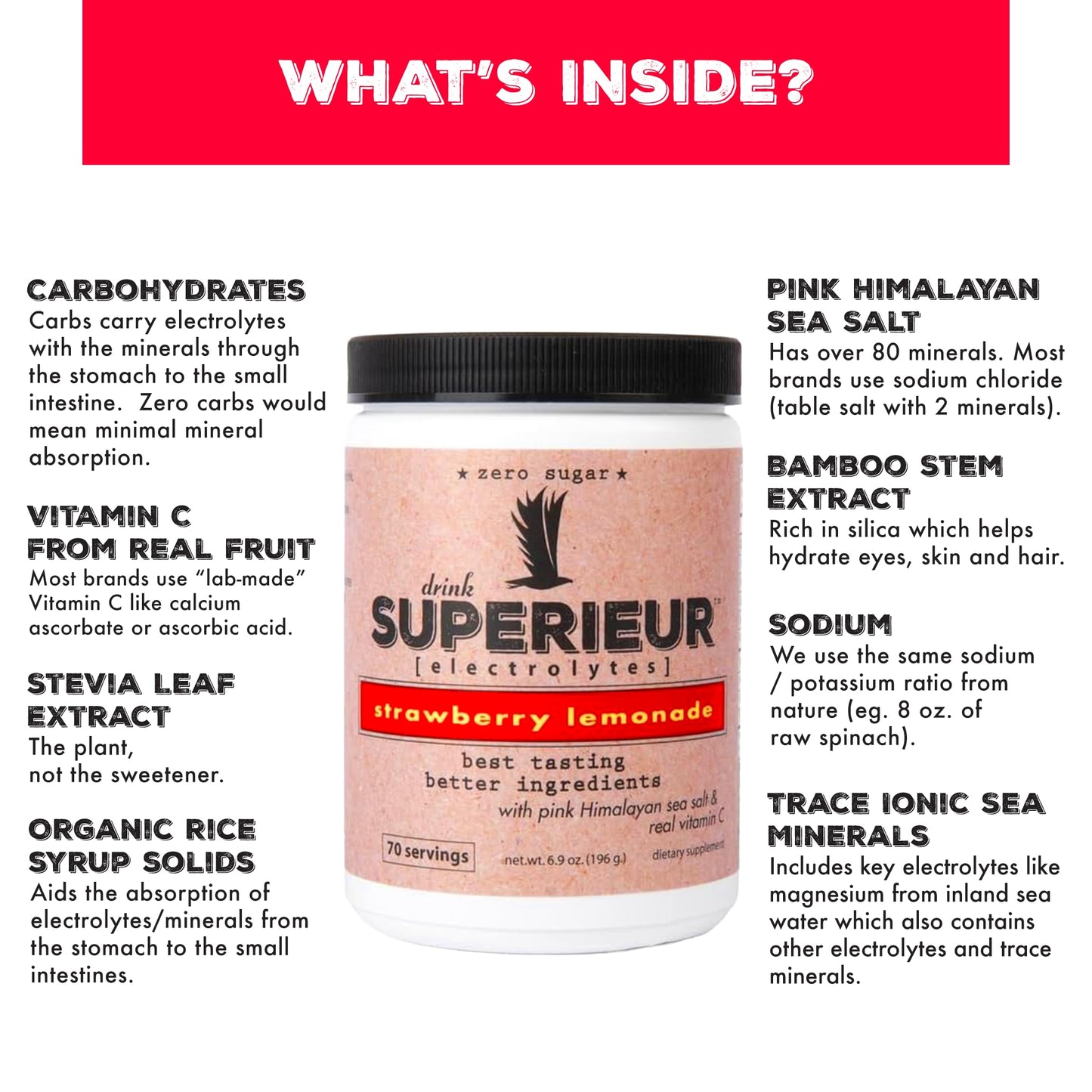Superieur Electrolytes–Plant Based Electrolyte Supplement w/Sea Minerals for Hydration & Recovery–Keto Friendly, Non-GMO, Zero Sugar, Vegan Healthy Sports Drink Powder–Strawberry Lemon(70 Serv)