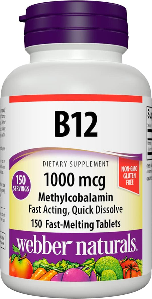 Webber Naturals Vitamin B12 1000 mcg, 150 Count, Fast Dissolve Tablets, Vitamin Supplement Support for Energy Metabolism, Immune and Heart Health, Vegetarian Formula, 150 Day Supply