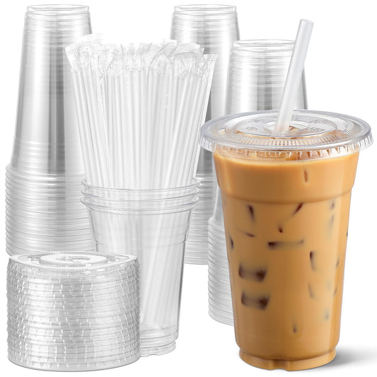 AOZITA 100 Pack, 16 Oz Plastic Cups With Lids and Straws, Iced Coffee Cups With Lids Disposable Clear Cups With Lids - for Iced Coffee, Smoothie, Milkshake and Cold Drinks