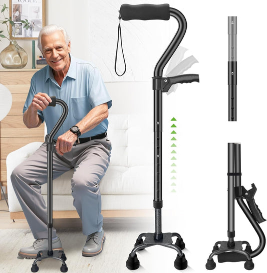 Walking Canes for Women & Men, Adjustable Folding Quad Cane, Heavy Duty Walking Sticks Canes for Seniors Balance,Collapsible, Lightweight Self Standing Cane with 2nd Handle and 4-Pronged Base