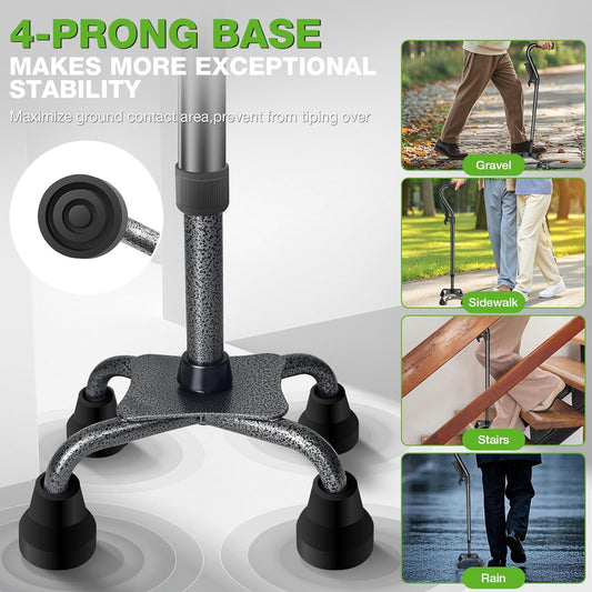 Walking Canes for Women & Men, Adjustable Folding Quad Cane, Heavy Duty Walking Sticks Canes for Seniors Balance,Collapsible, Lightweight Self Standing Cane with 2nd Handle and 4-Pronged Base
