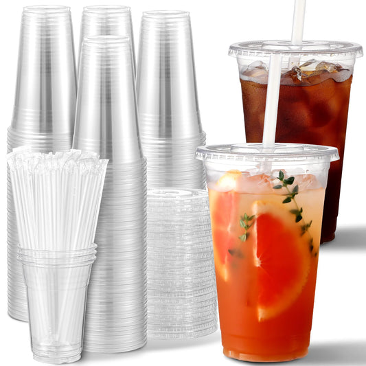 AOZITA 100 Pack, 16 Oz Plastic Cups With Lids and Straws, Iced Coffee Cups With Lids Disposable Clear Cups With Lids - for Iced Coffee, Smoothie, Milkshake and Cold Drinks