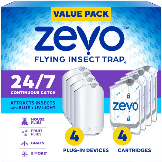 Zevo 2 Flying Insect Traps & 2 Cartridges - Plug In Fly Trap & Indoor Bug Catcher for Gnats, House & Fruit Flies - Mess-Free - Use in Any Room - Uses Blue & UV Light (2 Plug In Devices & 2 Cartridges)